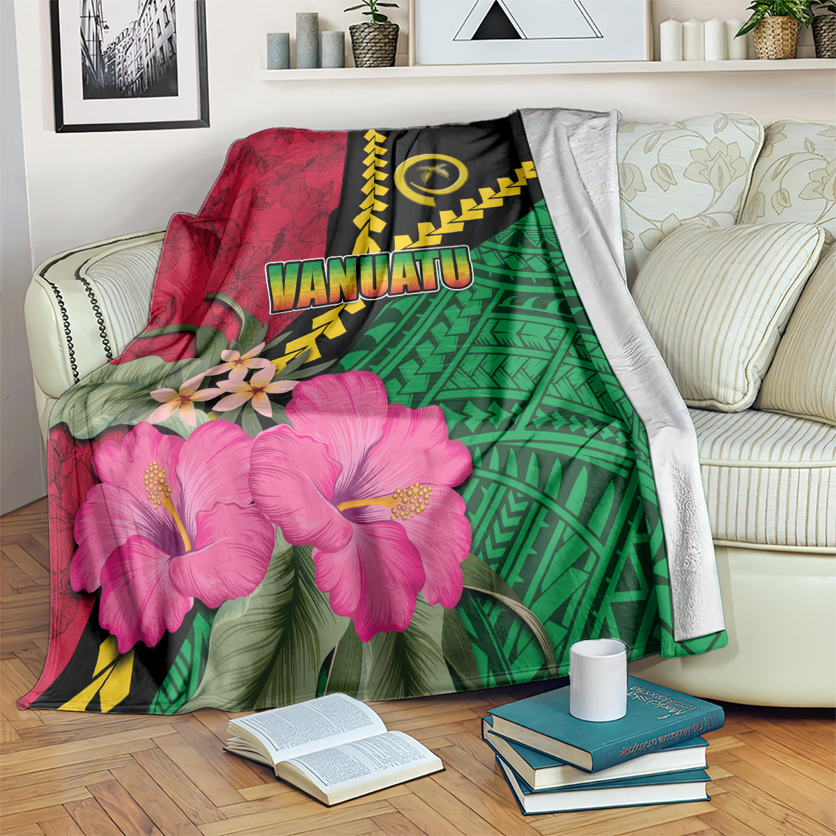 Vanuatu Flag Hibiscus Polynesian Pattern Blanket LT03 Black - Polynesian Pride