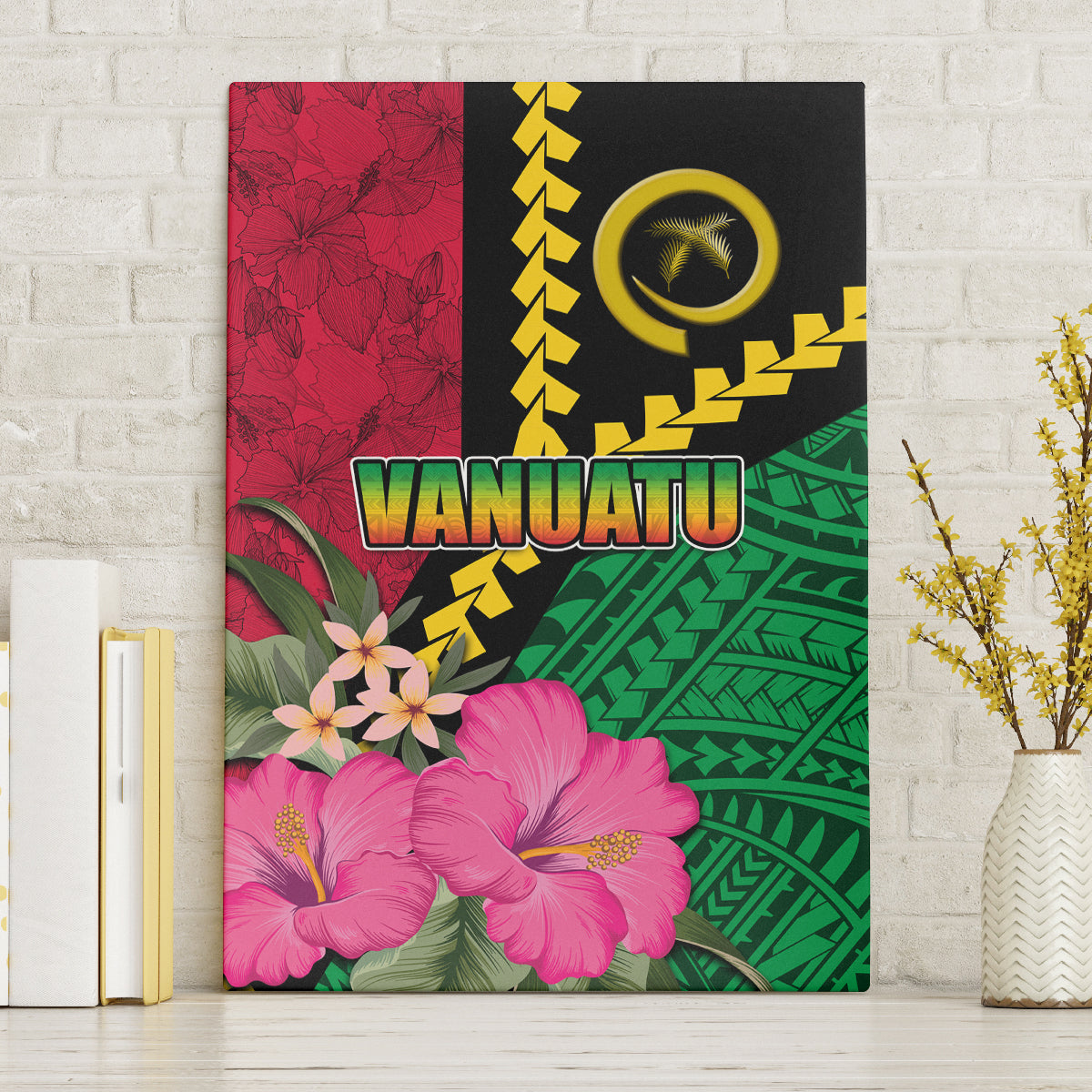Vanuatu Flag Hibiscus Polynesian Pattern Canvas Wall Art