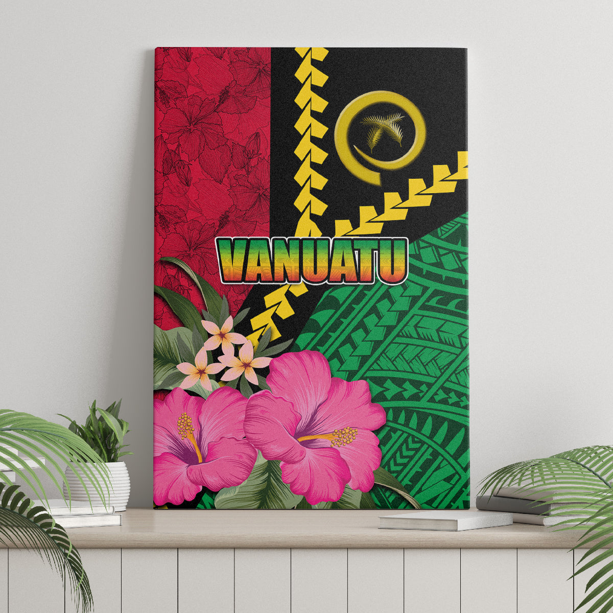 Vanuatu Flag Hibiscus Polynesian Pattern Canvas Wall Art