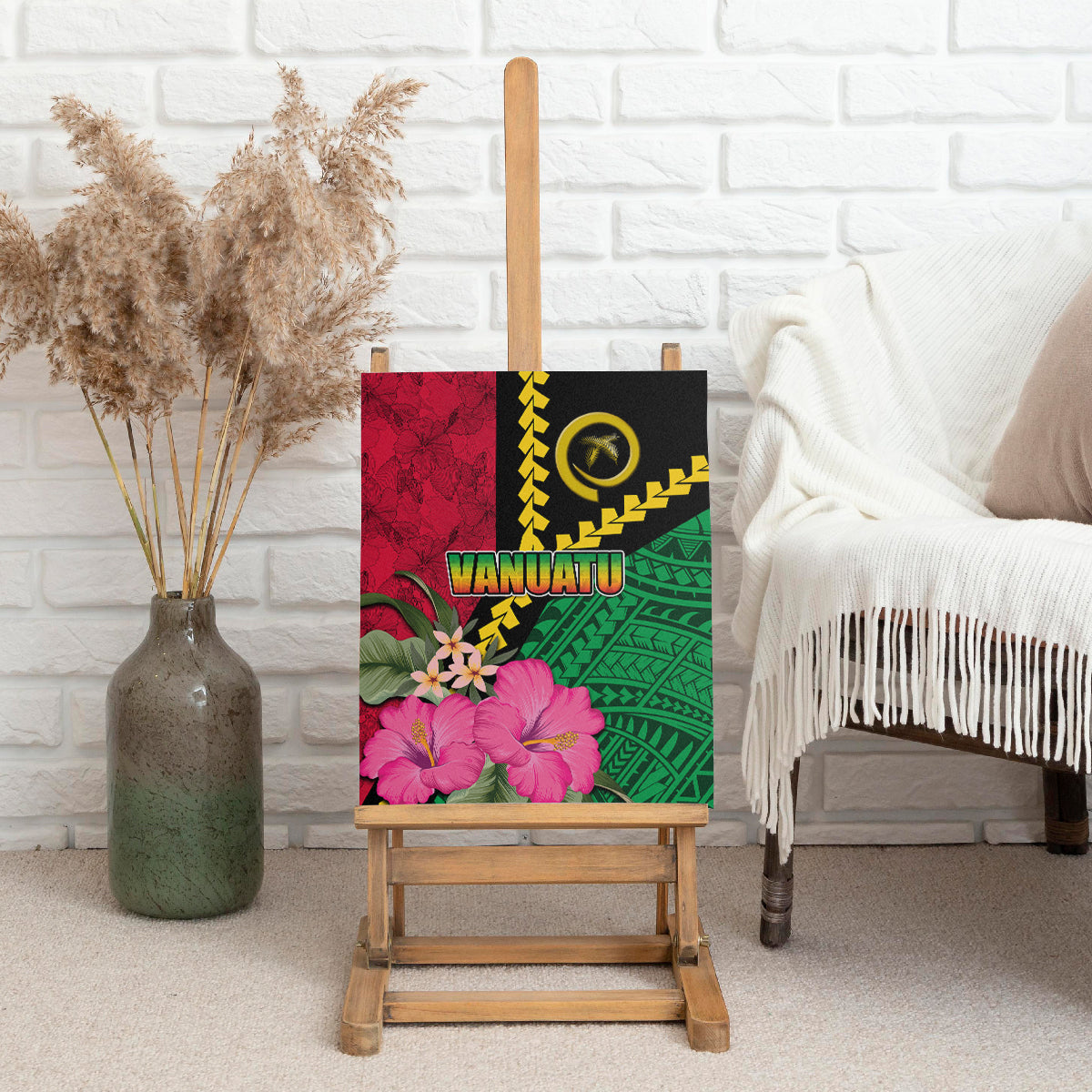 Vanuatu Flag Hibiscus Polynesian Pattern Canvas Wall Art