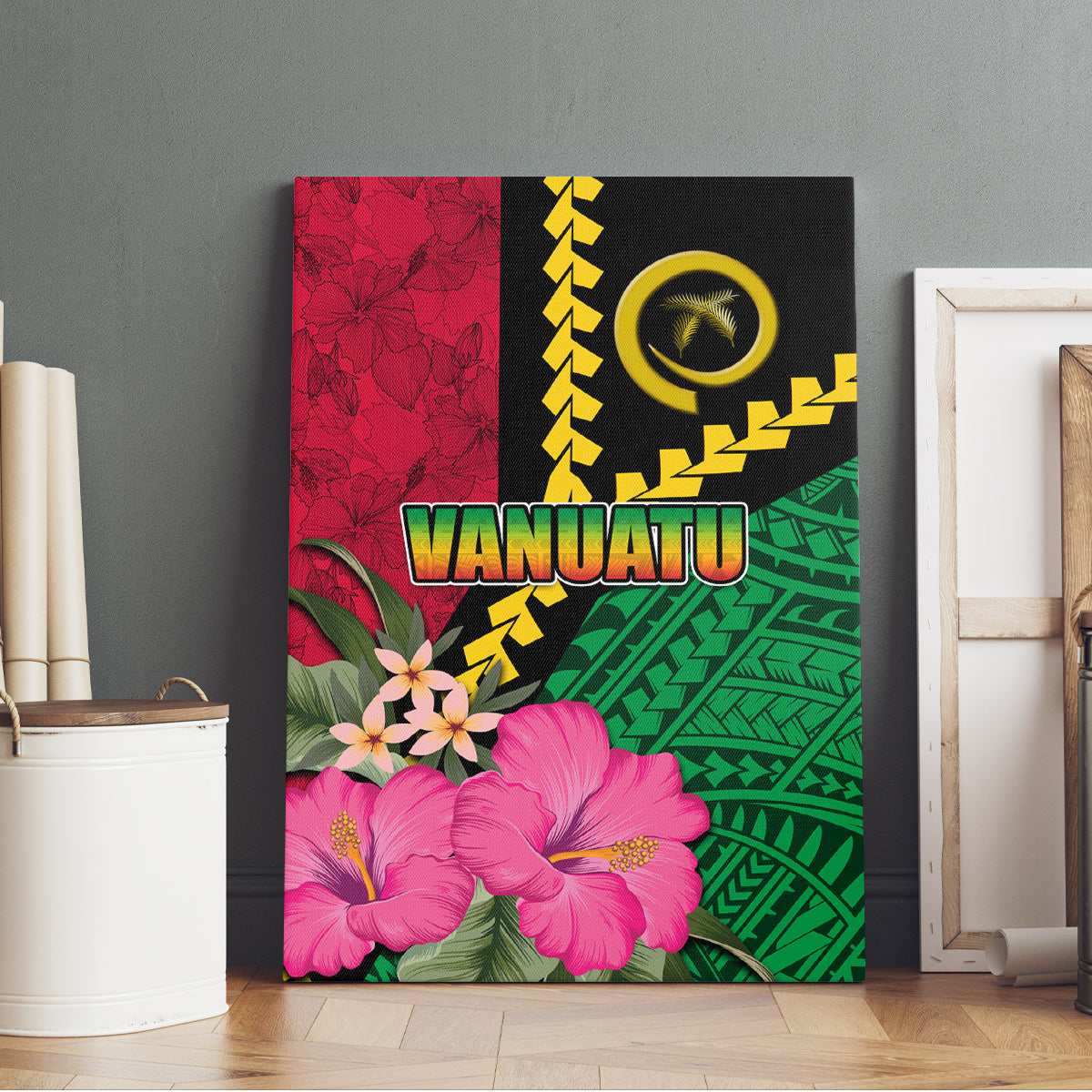 Vanuatu Flag Hibiscus Polynesian Pattern Canvas Wall Art
