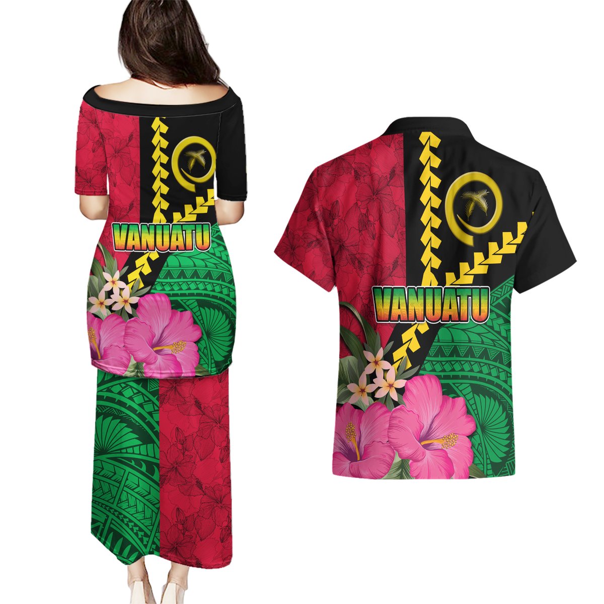 Vanuatu Flag Hibiscus Polynesian Pattern Couples Matching Puletasi and Hawaiian Shirt LT03 - Polynesian Pride