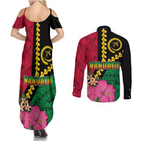 Vanuatu Flag Hibiscus Polynesian Pattern Couples Matching Summer Maxi Dress and Long Sleeve Button Shirt