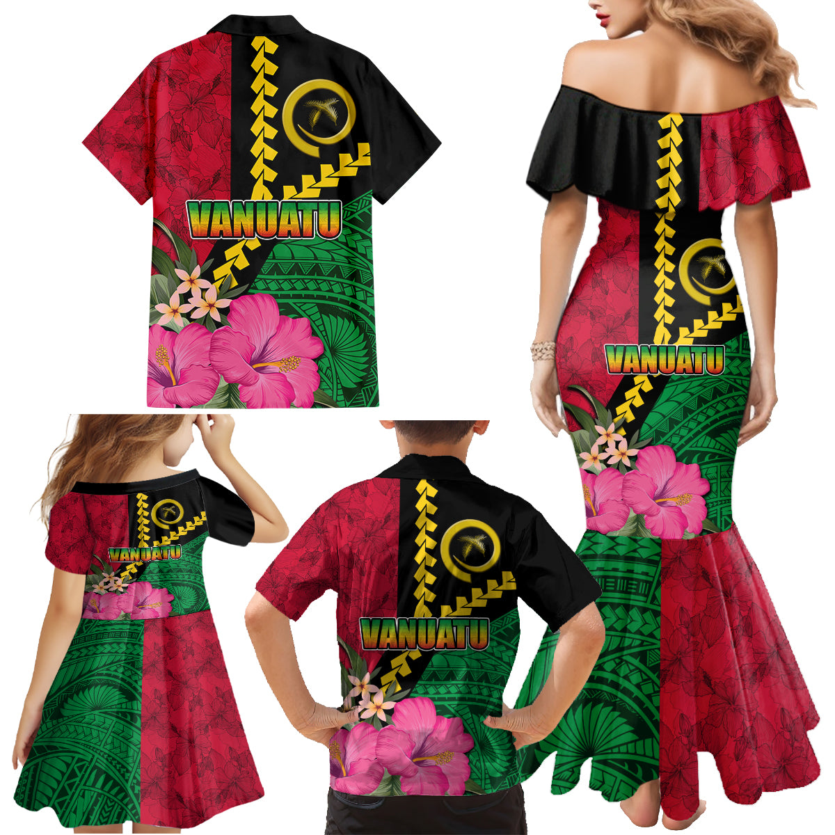 Vanuatu Flag Hibiscus Polynesian Pattern Family Matching Mermaid Dress and Hawaiian Shirt LT03 - Polynesian Pride