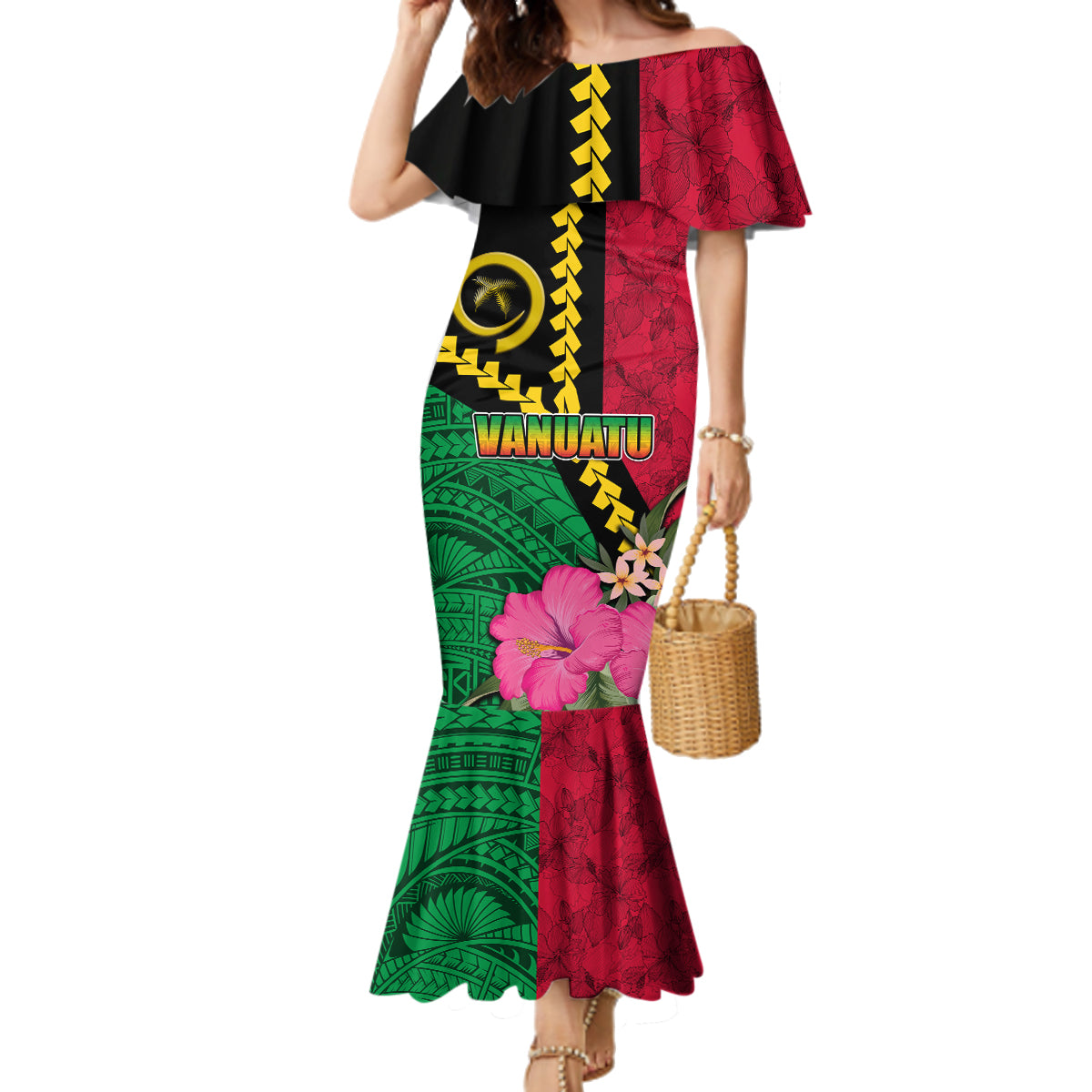 Vanuatu Flag Hibiscus Polynesian Pattern Family Matching Mermaid Dress and Hawaiian Shirt LT03 Mom's Dress Black - Polynesian Pride