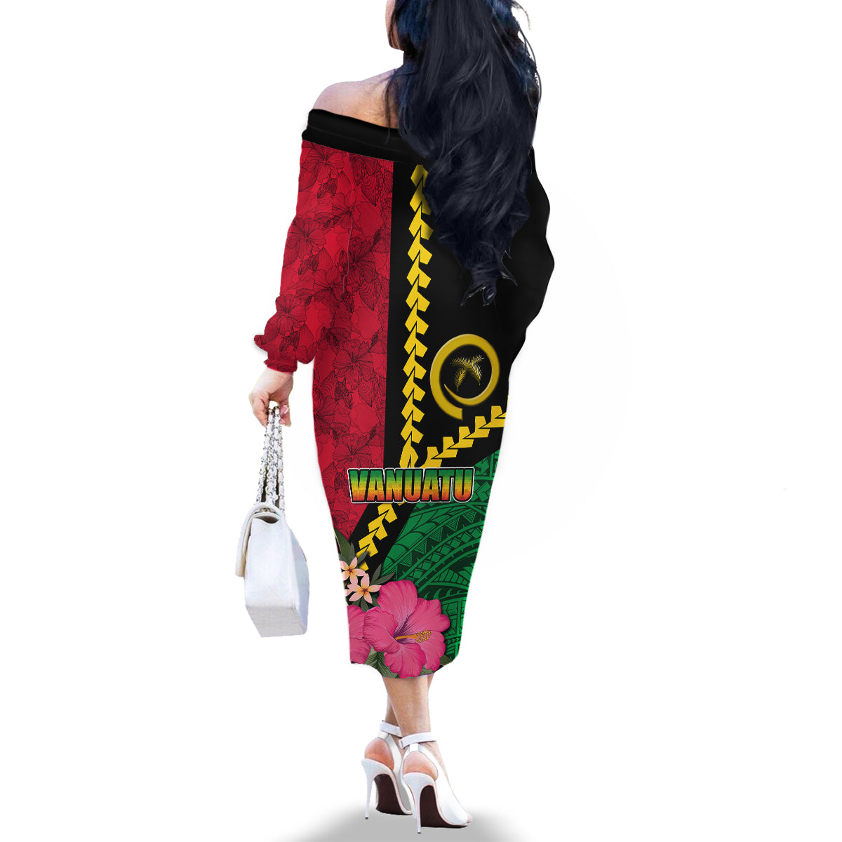 Vanuatu Flag Hibiscus Polynesian Pattern Family Matching Off The Shoulder Long Sleeve Dress and Hawaiian Shirt