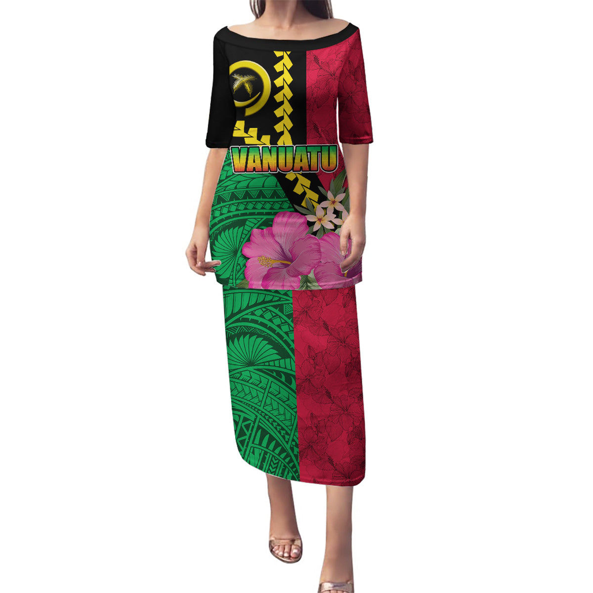 Vanuatu Flag Hibiscus Polynesian Pattern Family Matching Puletasi and Hawaiian Shirt