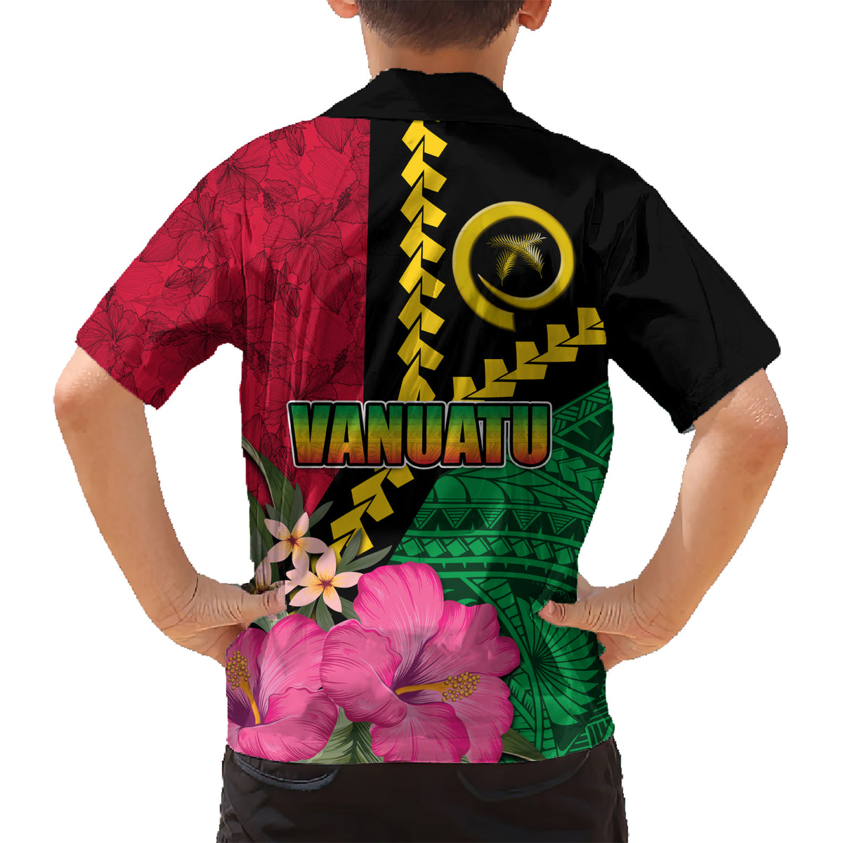 Vanuatu Flag Hibiscus Polynesian Pattern Family Matching Short Sleeve Bodycon Dress and Hawaiian Shirt LT03 - Polynesian Pride