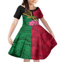 Vanuatu Flag Hibiscus Polynesian Pattern Family Matching Short Sleeve Bodycon Dress and Hawaiian Shirt LT03 Daughter's Dress Black - Polynesian Pride