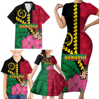 Vanuatu Flag Hibiscus Polynesian Pattern Family Matching Short Sleeve Bodycon Dress and Hawaiian Shirt LT03 - Polynesian Pride