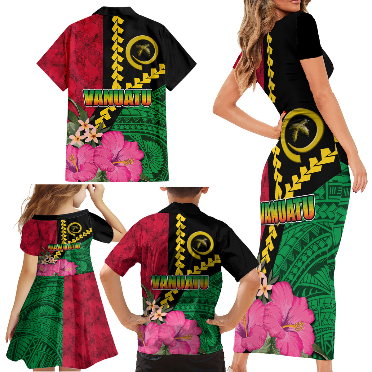 Vanuatu Flag Hibiscus Polynesian Pattern Family Matching Short Sleeve Bodycon Dress and Hawaiian Shirt LT03 - Polynesian Pride
