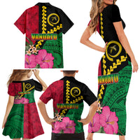 Vanuatu Flag Hibiscus Polynesian Pattern Family Matching Short Sleeve Bodycon Dress and Hawaiian Shirt LT03 - Polynesian Pride