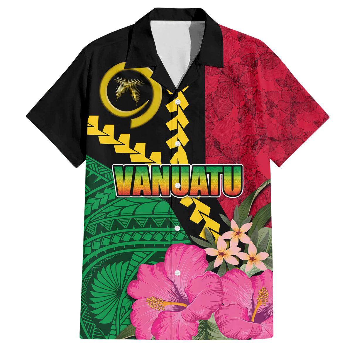 Vanuatu Flag Hibiscus Polynesian Pattern Family Matching Short Sleeve Bodycon Dress and Hawaiian Shirt LT03 Dad's Shirt - Short Sleeve Black - Polynesian Pride