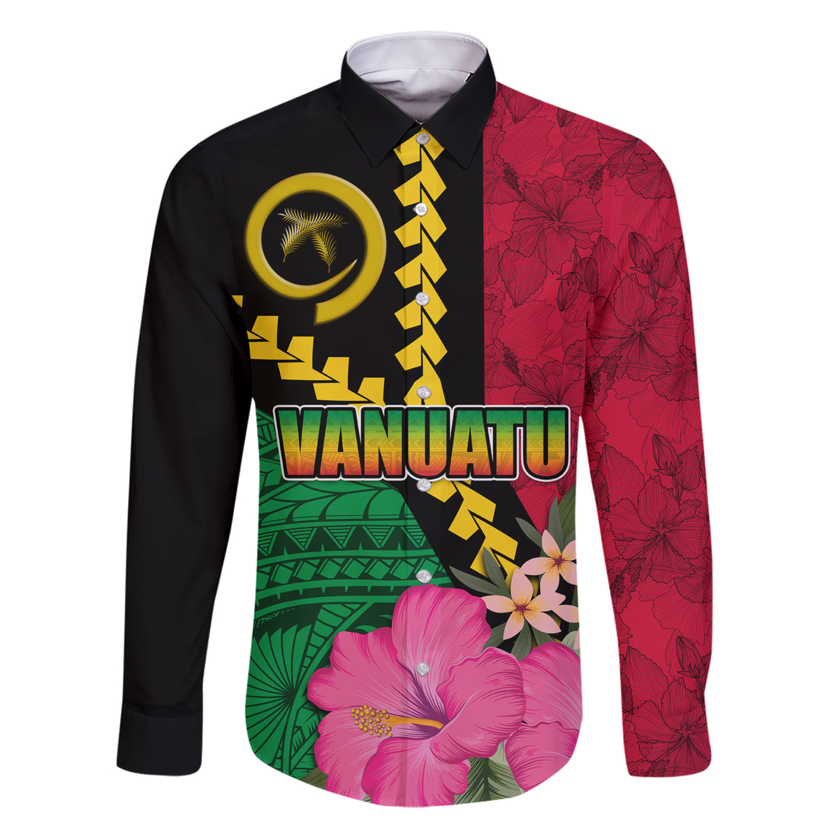 Vanuatu Flag Hibiscus Polynesian Pattern Family Matching Short Sleeve Bodycon Dress and Hawaiian Shirt LT03 Dad's Shirt - Long Sleeve Black - Polynesian Pride