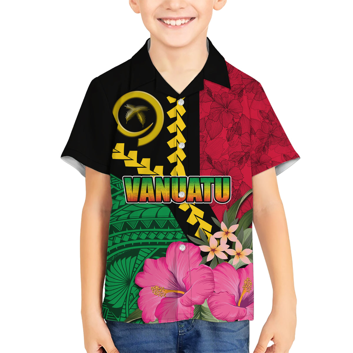Vanuatu Flag Hibiscus Polynesian Pattern Family Matching Short Sleeve Bodycon Dress and Hawaiian Shirt LT03 Son's Shirt Black - Polynesian Pride
