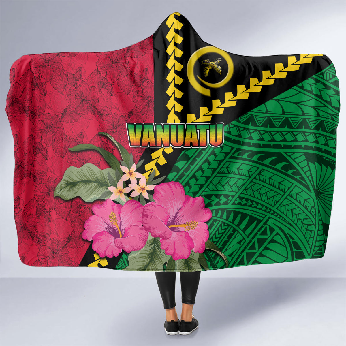 Vanuatu Flag Hibiscus Polynesian Pattern Hooded Blanket
