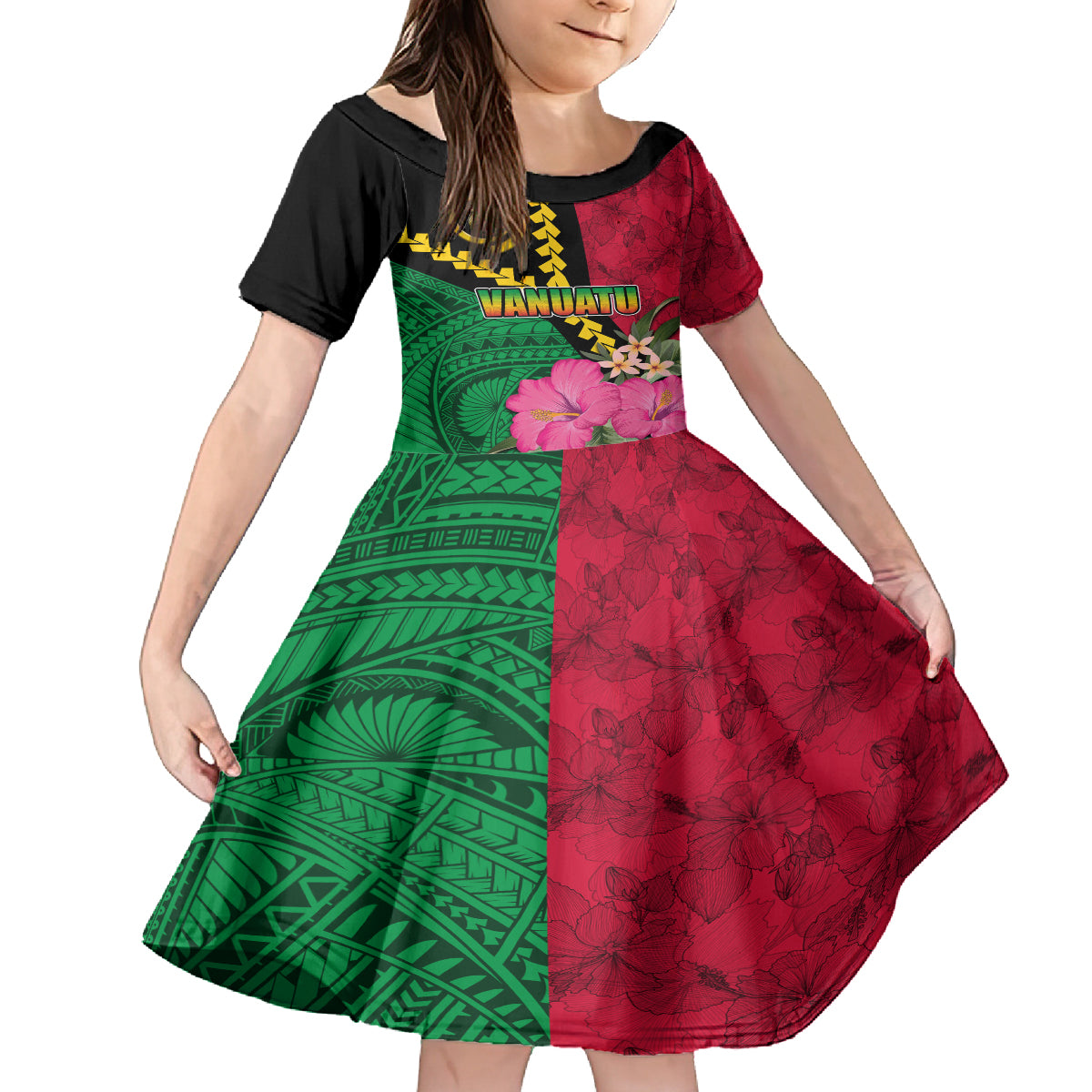 Vanuatu Flag Hibiscus Polynesian Pattern Kid Short Sleeve Dress