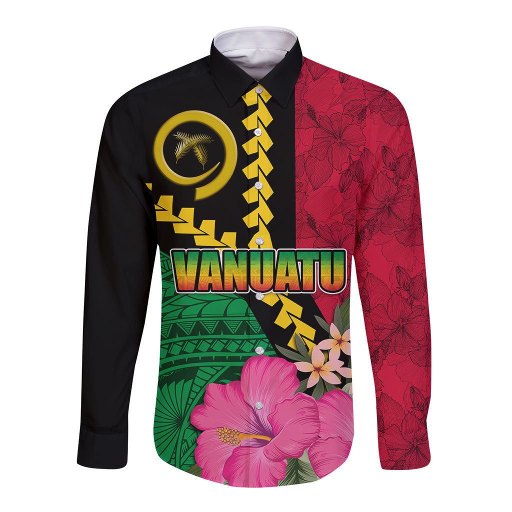 Vanuatu Flag Hibiscus Polynesian Pattern Long Sleeve Button Shirt