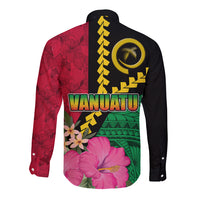 Vanuatu Flag Hibiscus Polynesian Pattern Long Sleeve Button Shirt