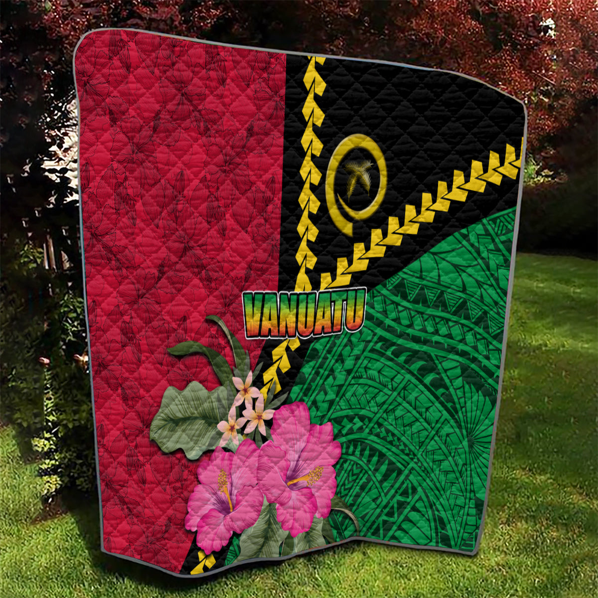Vanuatu Flag Hibiscus Polynesian Pattern Quilt