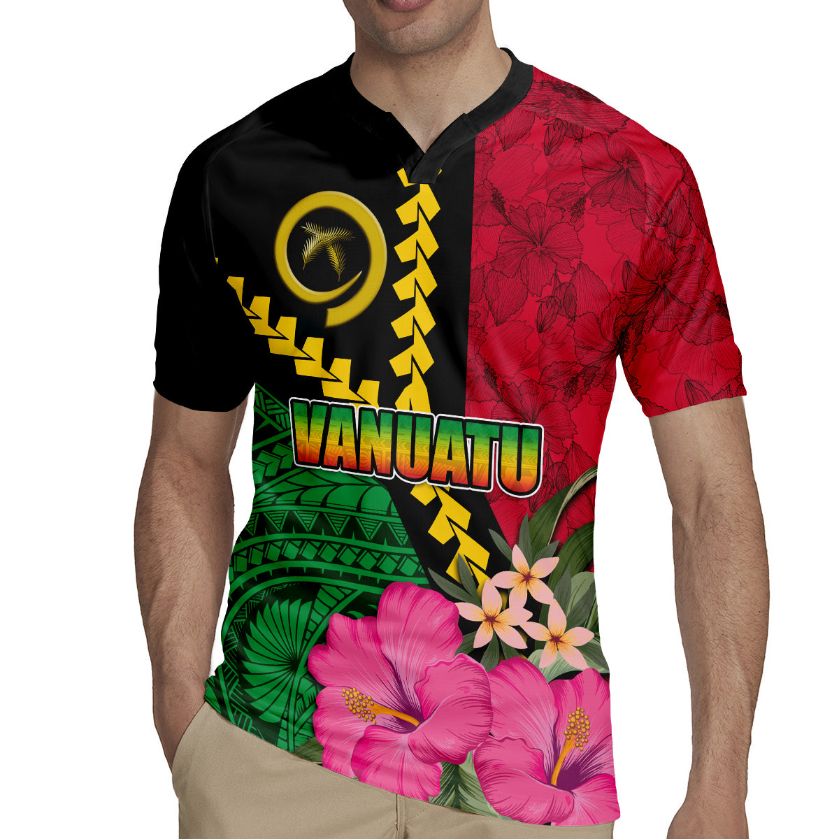 Vanuatu Flag Hibiscus Polynesian Pattern Rugby Jersey
