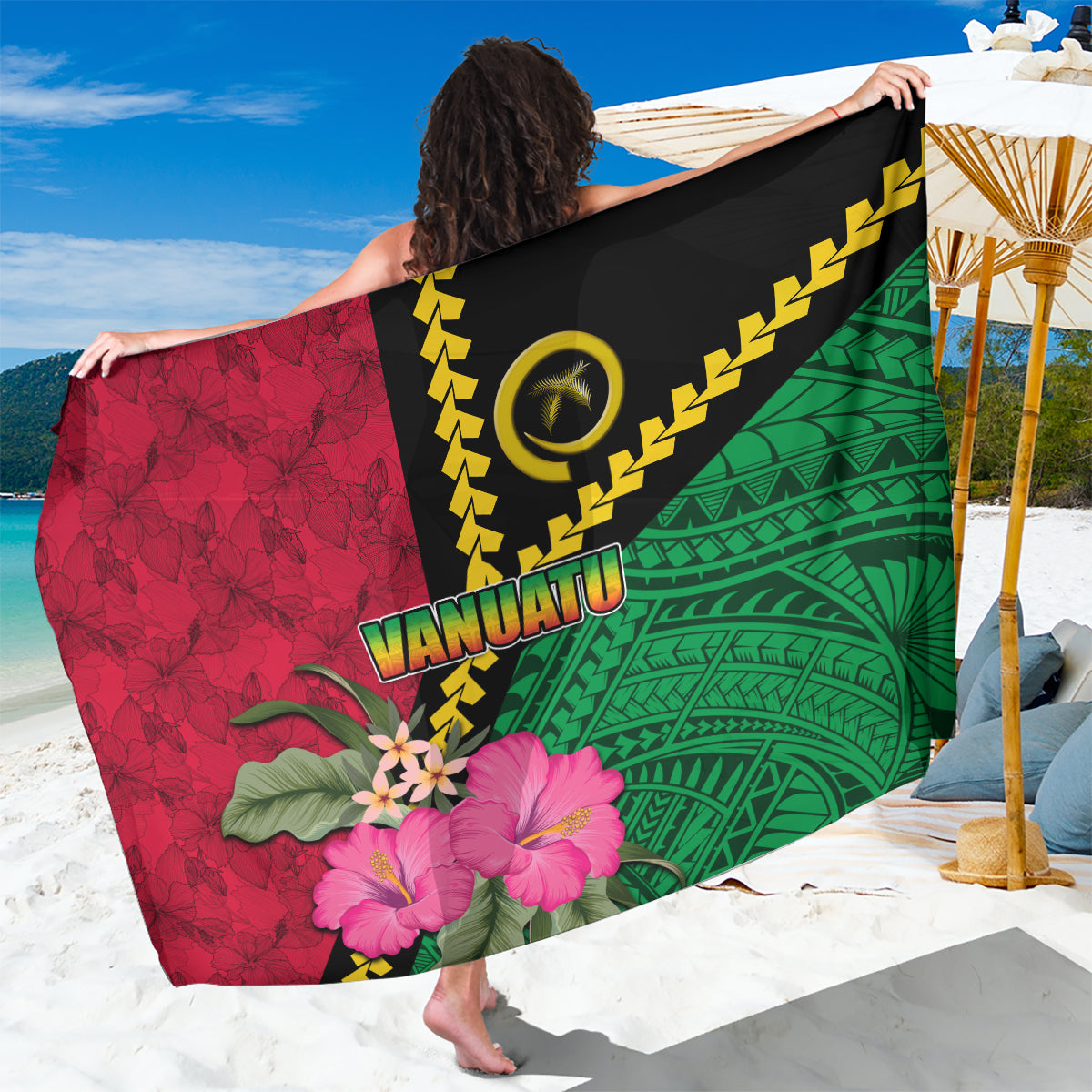 Vanuatu Flag Hibiscus Polynesian Pattern Sarong LT03 One Size 44 x 66 inches Black - Polynesian Pride