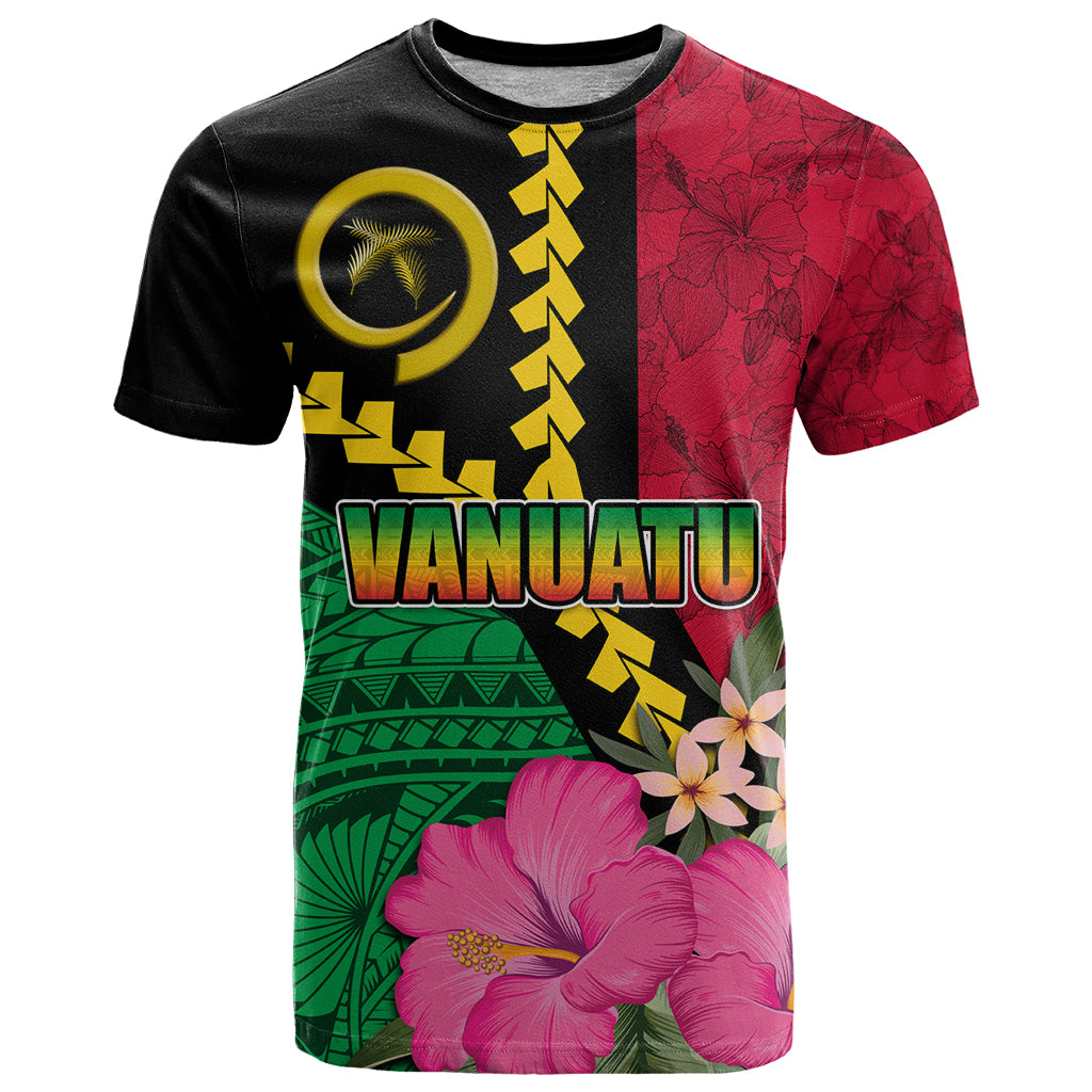 Vanuatu Flag Hibiscus Polynesian Pattern T Shirt LT03 Black - Polynesian Pride