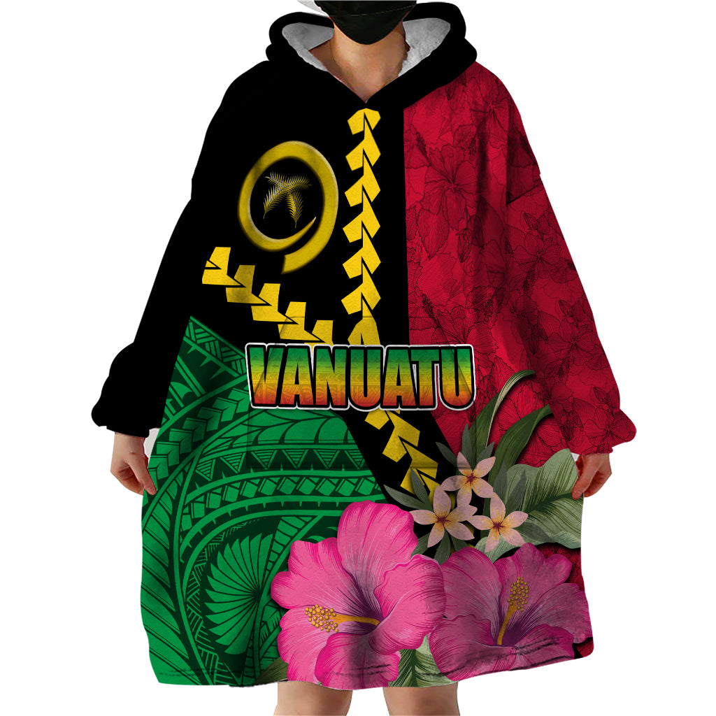 Vanuatu Flag Hibiscus Polynesian Pattern Wearable Blanket Hoodie LT03 - Polynesian Pride