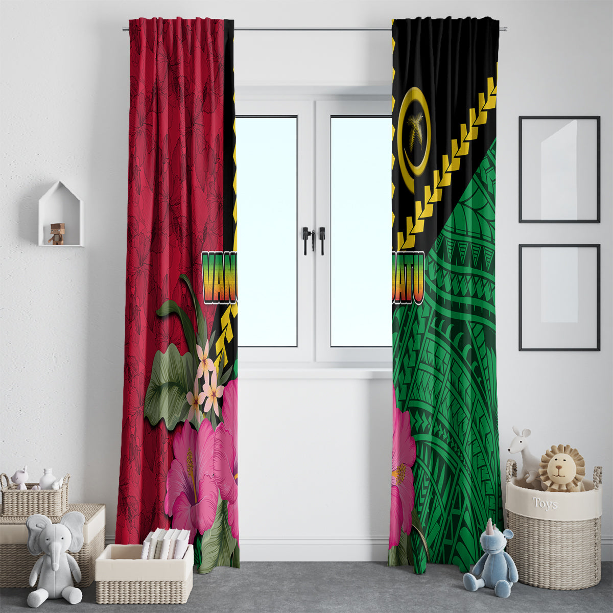 Vanuatu Flag Hibiscus Polynesian Pattern Window Curtain