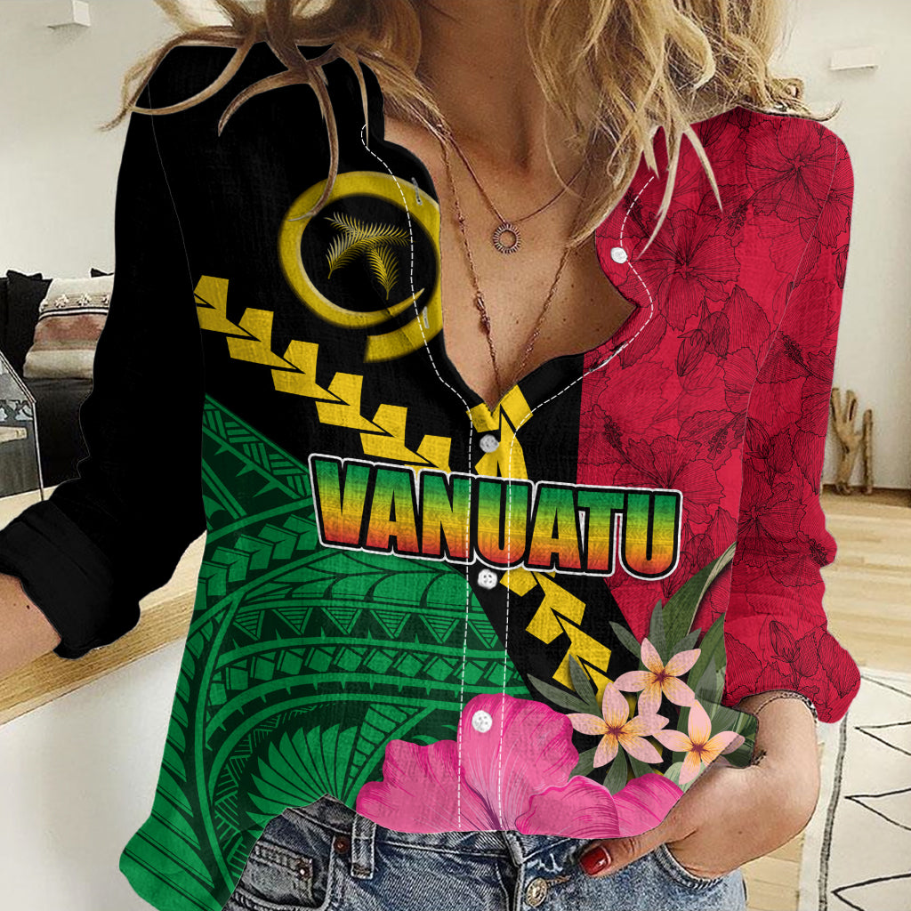 Vanuatu Flag Hibiscus Polynesian Pattern Women Casual Shirt LT03 Female Black - Polynesian Pride