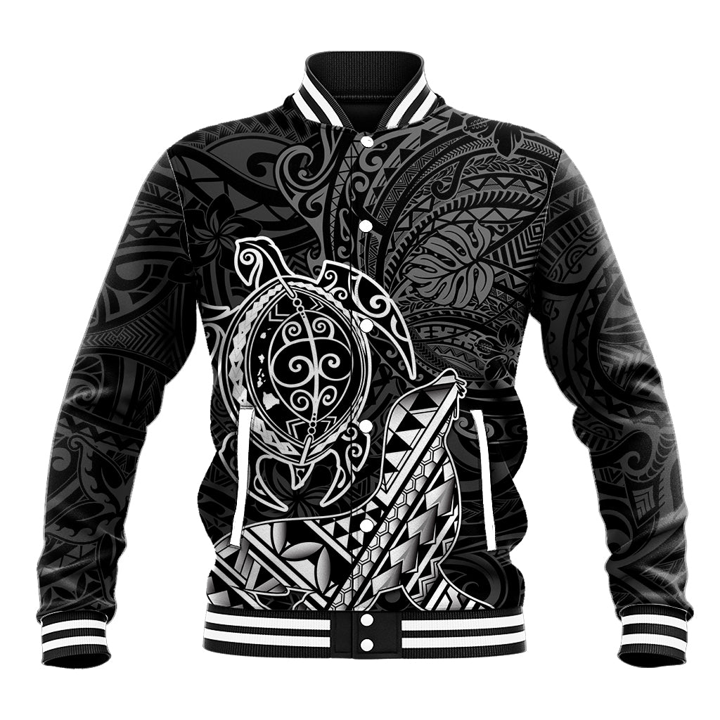 Hawaii Monk Seal and Dolphin Baseball Jacket Polynesian Kakau Pattern Black White Color