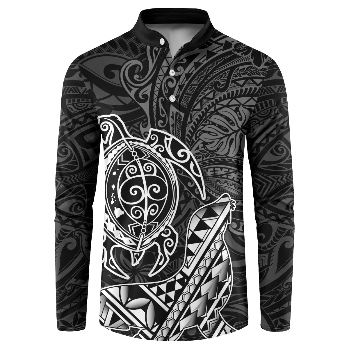 Hawaii Monk Seal and Dolphin Button Sweatshirt Polynesian Kakau Pattern Black White Color