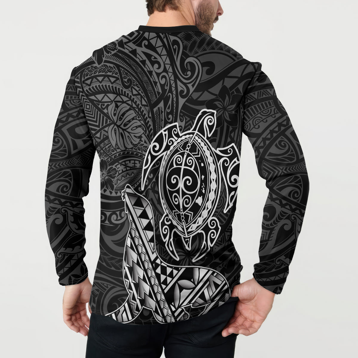 Hawaii Monk Seal and Dolphin Button Sweatshirt Polynesian Kakau Pattern Black White Color