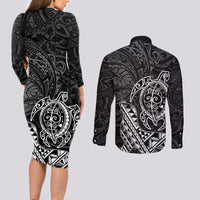 Hawaii Monk Seal and Dolphin Couples Matching Long Sleeve Bodycon Dress and Long Sleeve Button Shirt Polynesian Kakau Pattern Black White Color