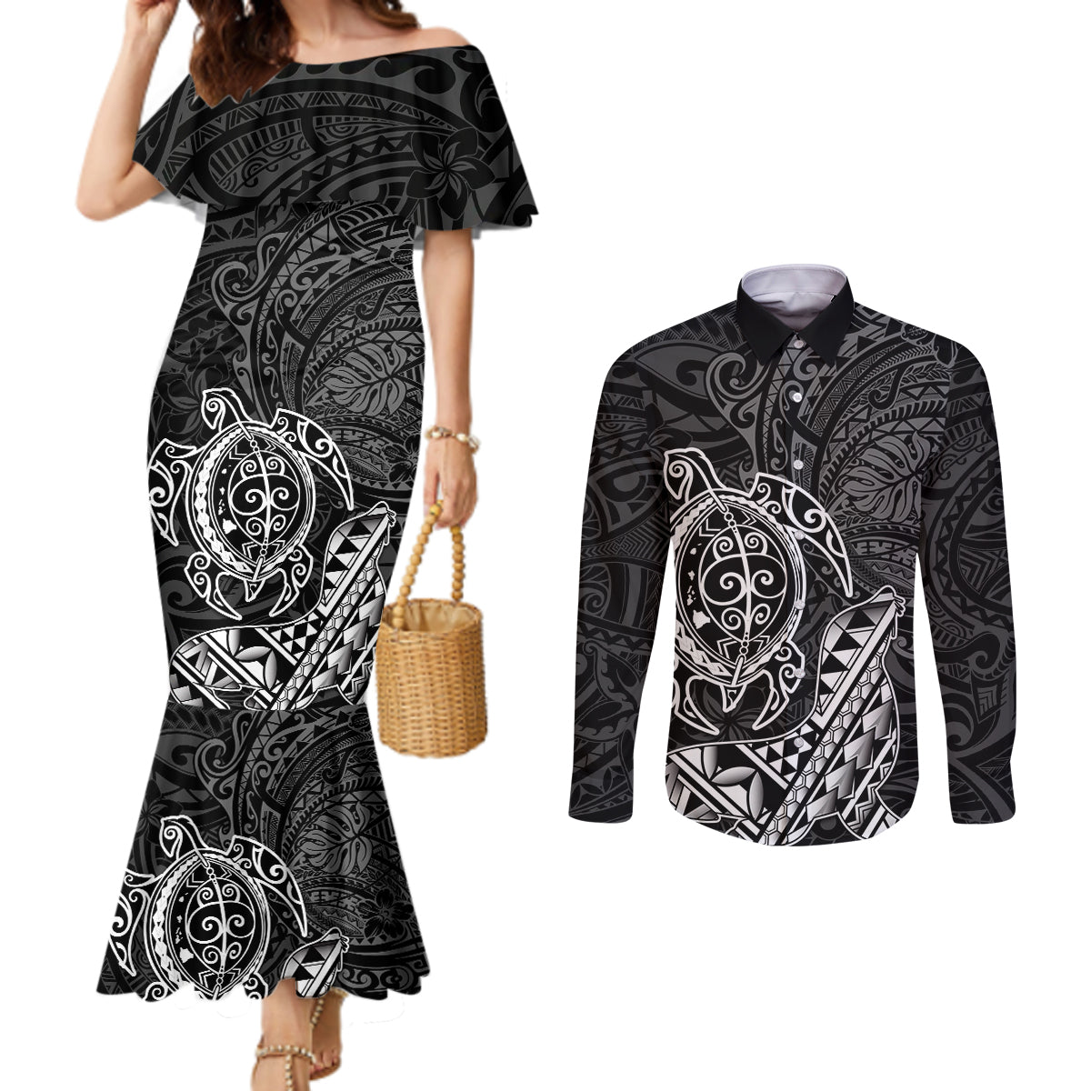 Hawaii Monk Seal and Dolphin Couples Matching Mermaid Dress and Long Sleeve Button Shirt Polynesian Kakau Pattern Black White Color