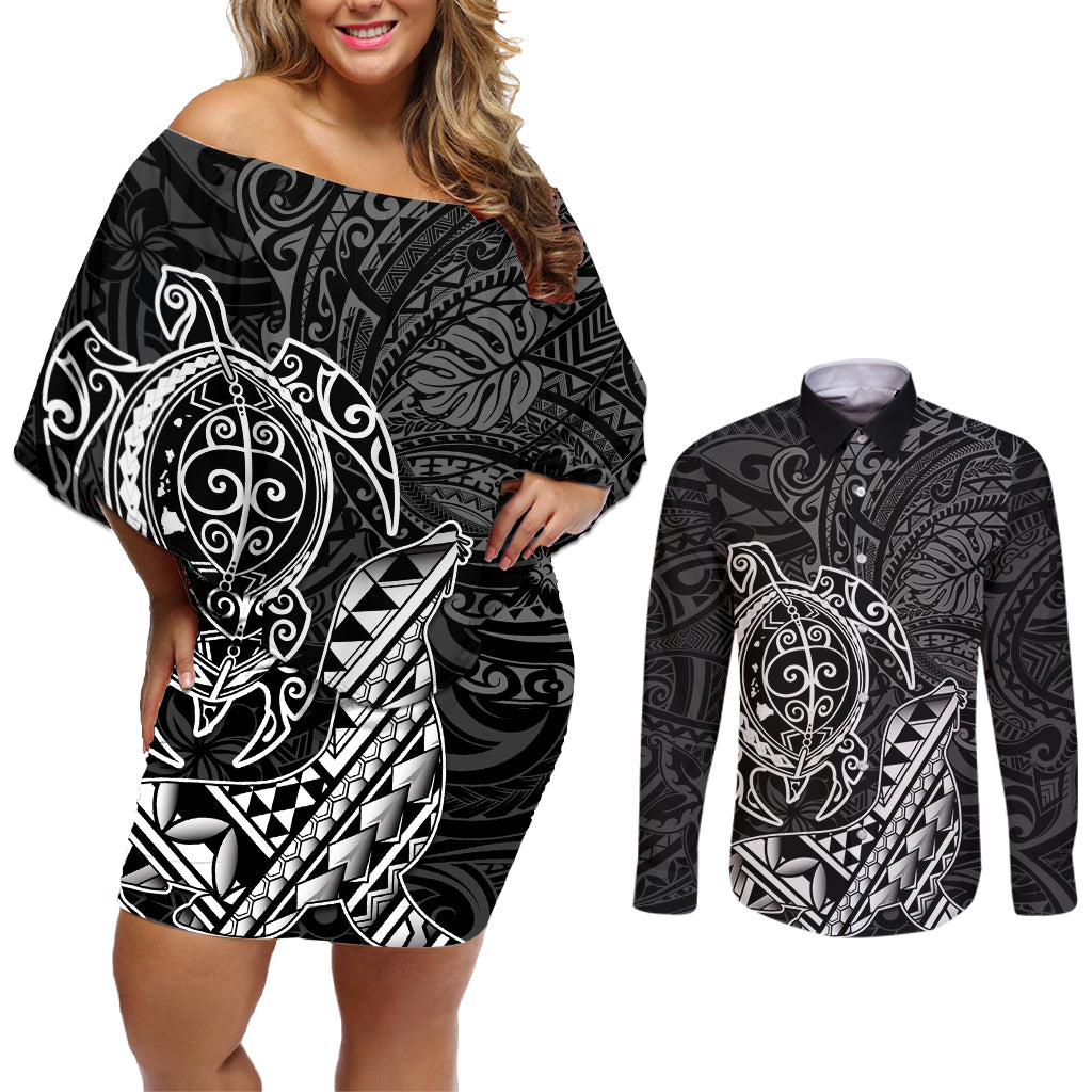 Hawaii Monk Seal and Dolphin Couples Matching Off Shoulder Short Dress and Long Sleeve Button Shirt Polynesian Kakau Pattern Black White Color