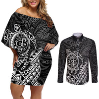 Hawaii Monk Seal and Dolphin Couples Matching Off Shoulder Short Dress and Long Sleeve Button Shirt Polynesian Kakau Pattern Black White Color