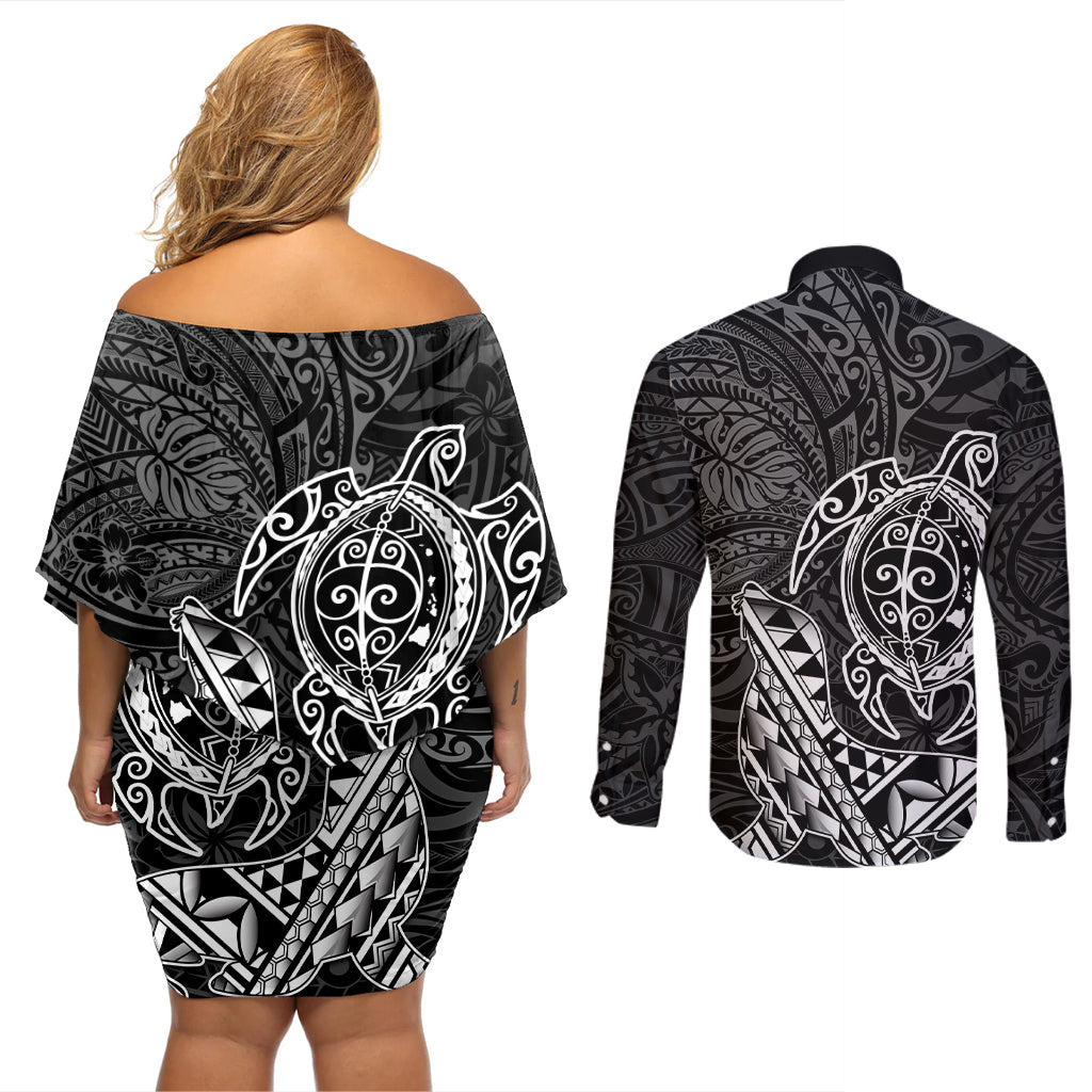 Hawaii Monk Seal and Dolphin Couples Matching Off Shoulder Short Dress and Long Sleeve Button Shirt Polynesian Kakau Pattern Black White Color
