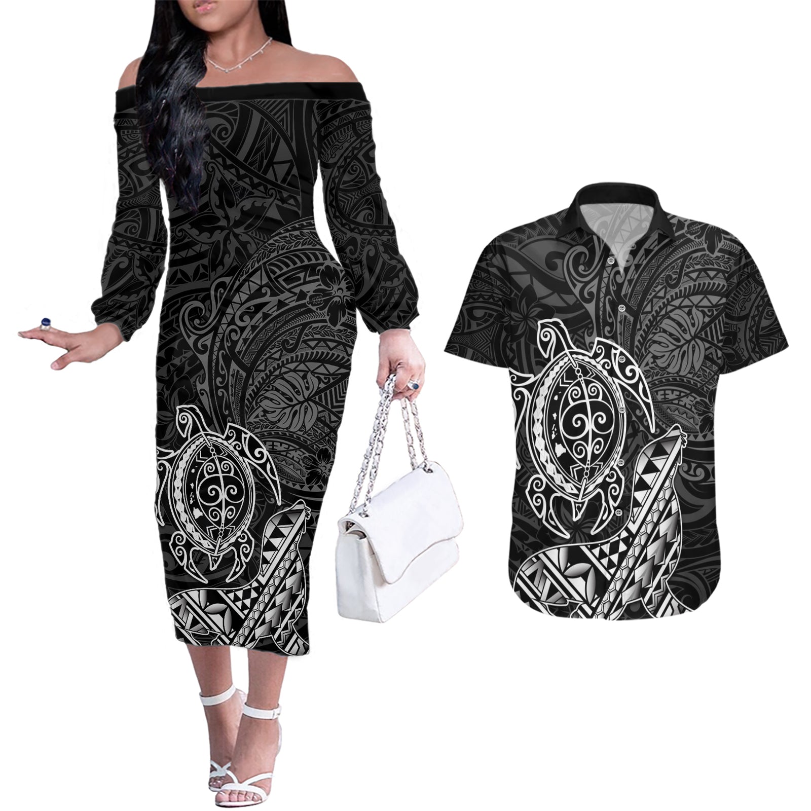 Hawaii Monk Seal and Dolphin Couples Matching Off The Shoulder Long Sleeve Dress and Hawaiian Shirt Polynesian Kakau Pattern Black White Color
