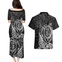 Hawaii Monk Seal and Dolphin Couples Matching Puletasi and Hawaiian Shirt Polynesian Kakau Pattern Black White Color
