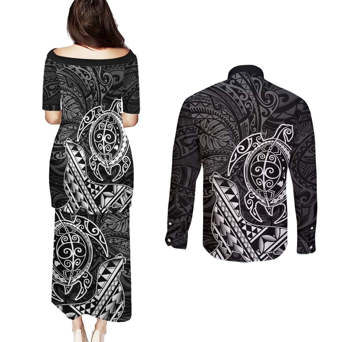 Hawaii Monk Seal and Dolphin Couples Matching Puletasi and Long Sleeve Button Shirt Polynesian Kakau Pattern Black White Color