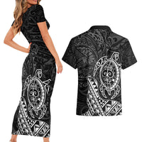 Hawaii Monk Seal and Dolphin Couples Matching Short Sleeve Bodycon Dress and Hawaiian Shirt Polynesian Kakau Pattern Black White Color