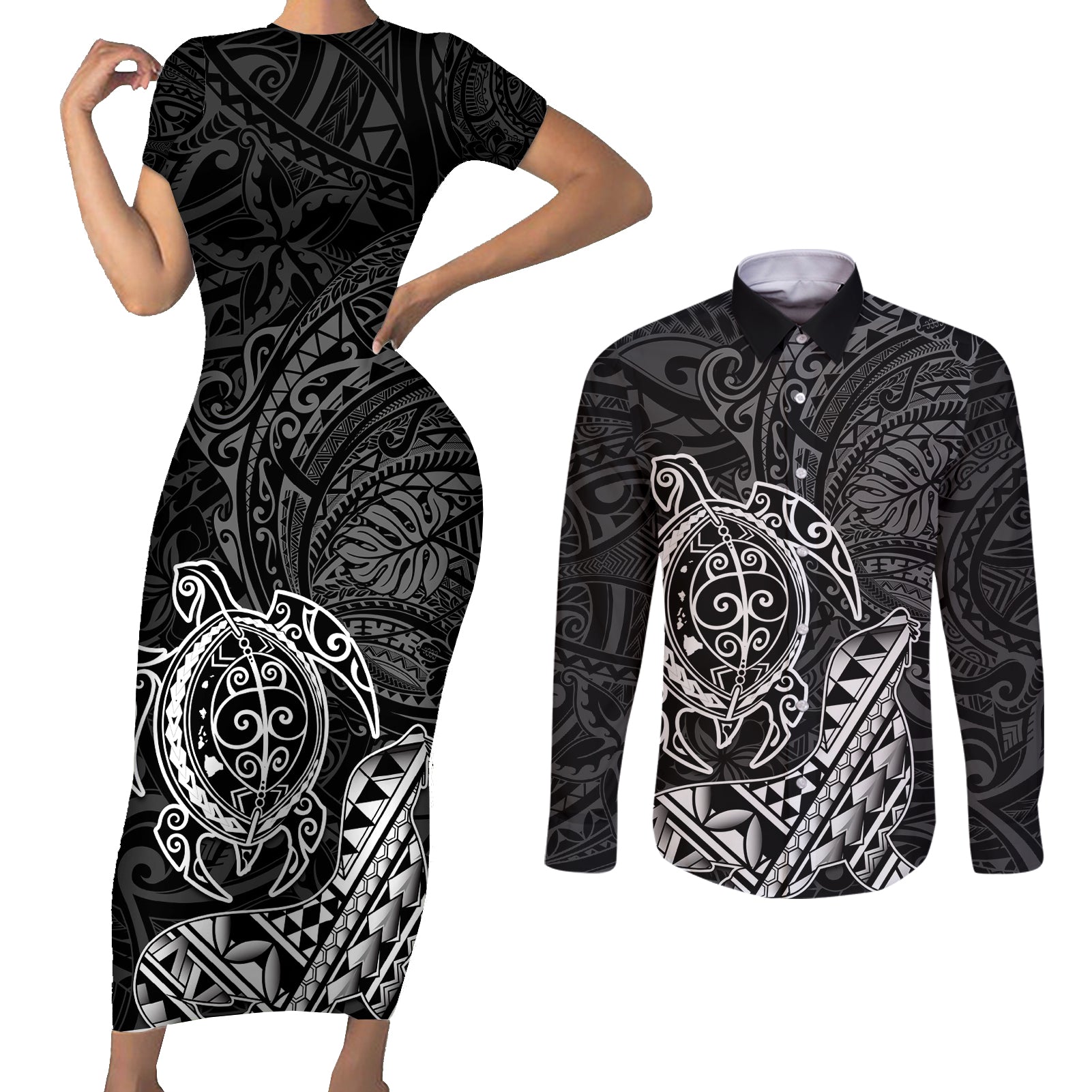 Hawaii Monk Seal and Dolphin Couples Matching Short Sleeve Bodycon Dress and Long Sleeve Button Shirt Polynesian Kakau Pattern Black White Color