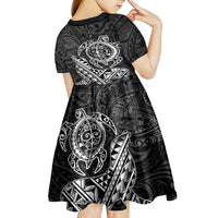 Hawaii Monk Seal and Dolphin Kid Short Sleeve Dress Polynesian Kakau Pattern Black White Color