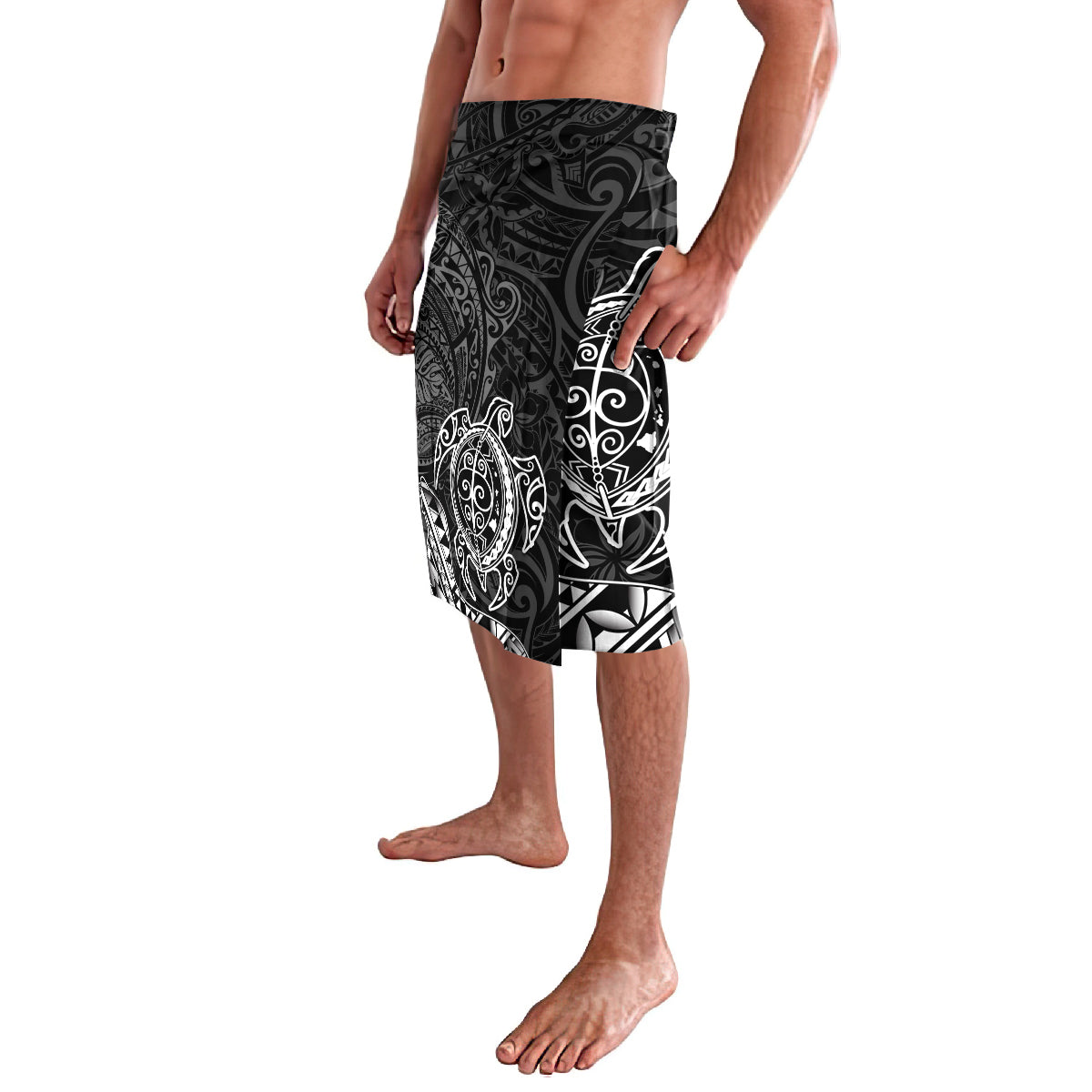 Hawaii Monk Seal and Dolphin Lavalava Polynesian Kakau Pattern Black White Color