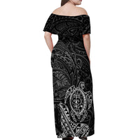 Hawaii Monk Seal and Dolphin Off Shoulder Maxi Dress Polynesian Kakau Pattern Black White Color
