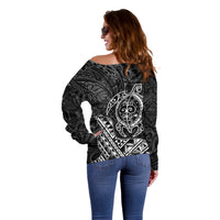Hawaii Monk Seal and Dolphin Off Shoulder Sweater Polynesian Kakau Pattern Black White Color