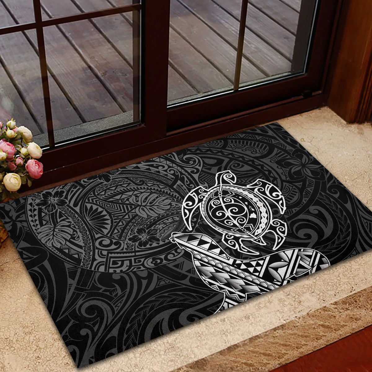 Hawaii Monk Seal and Dolphin Rubber Doormat Polynesian Kakau Pattern Black White Color