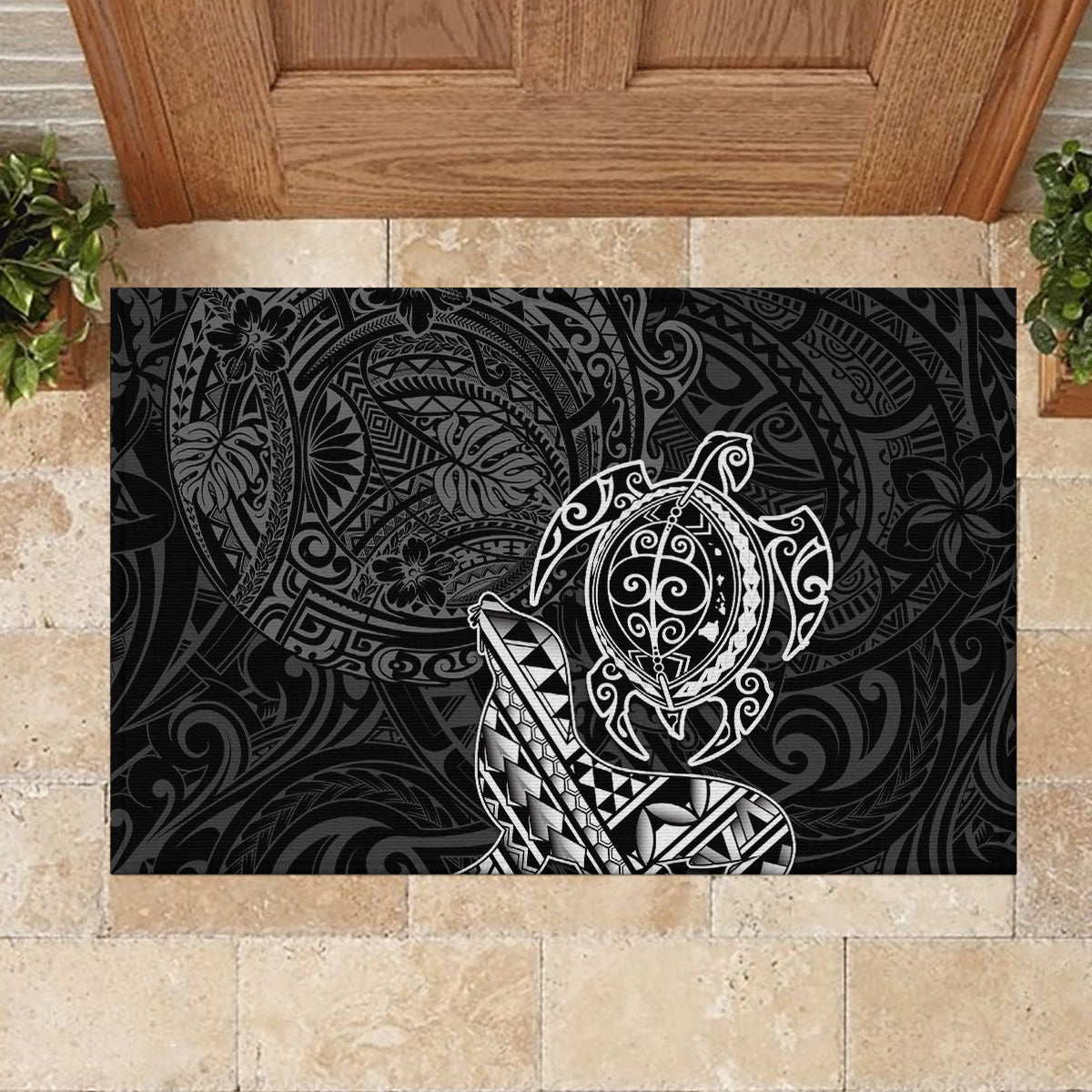 Hawaii Monk Seal and Dolphin Rubber Doormat Polynesian Kakau Pattern Black White Color
