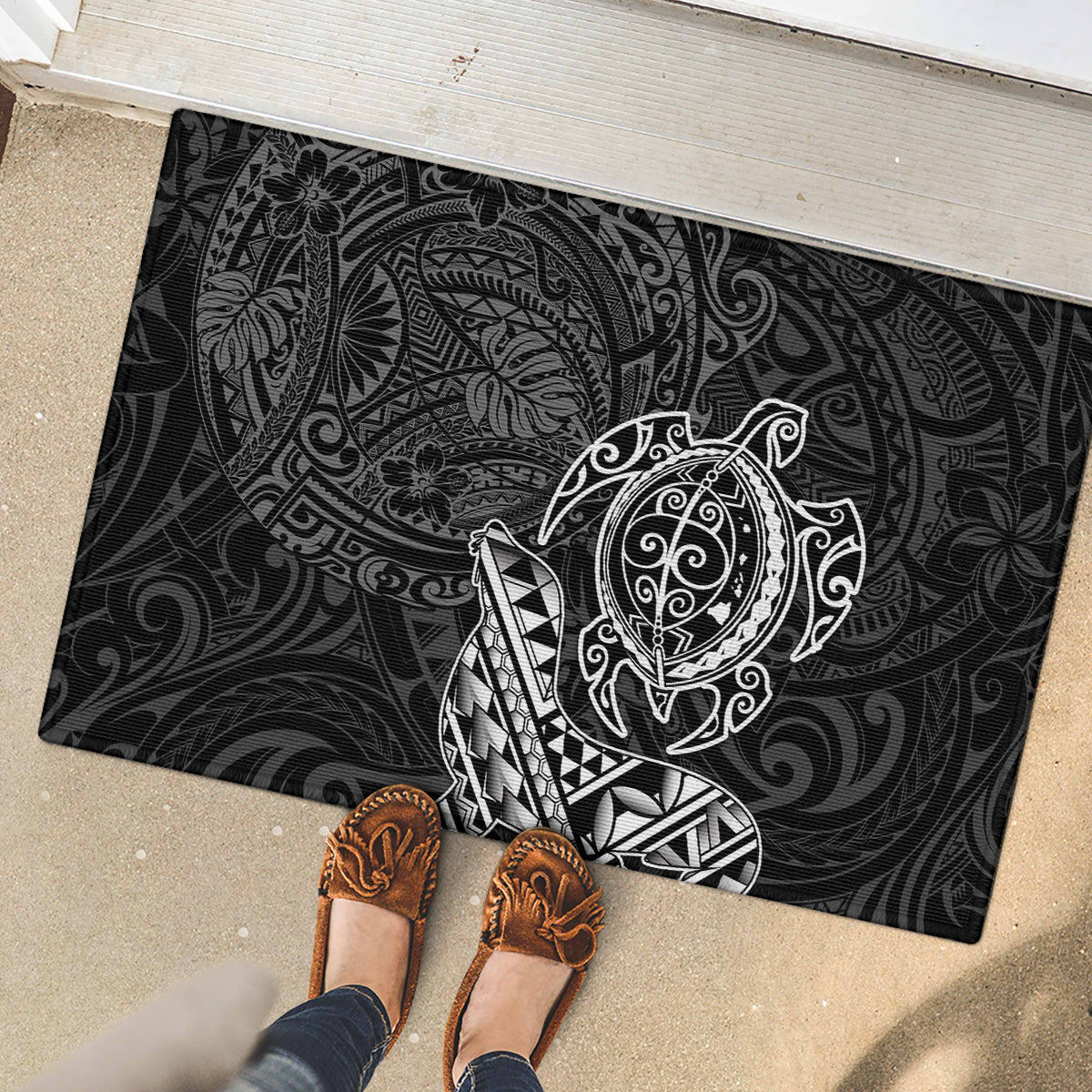 Hawaii Monk Seal and Dolphin Rubber Doormat Polynesian Kakau Pattern Black White Color